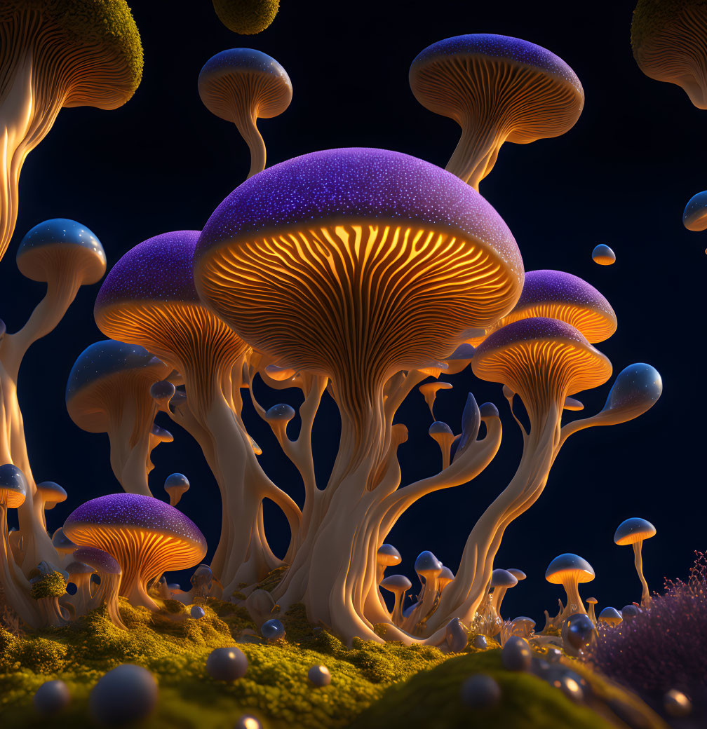 Bioluminescent mushrooms in fantastical forest at night