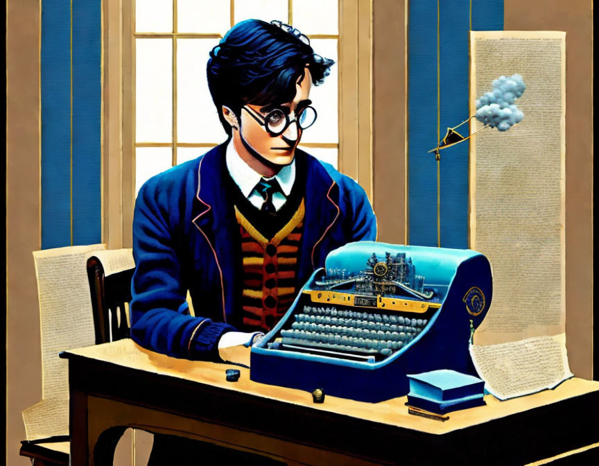 Illustration of young man with glasses typing on vintage typewriter with steam train, window backdrop