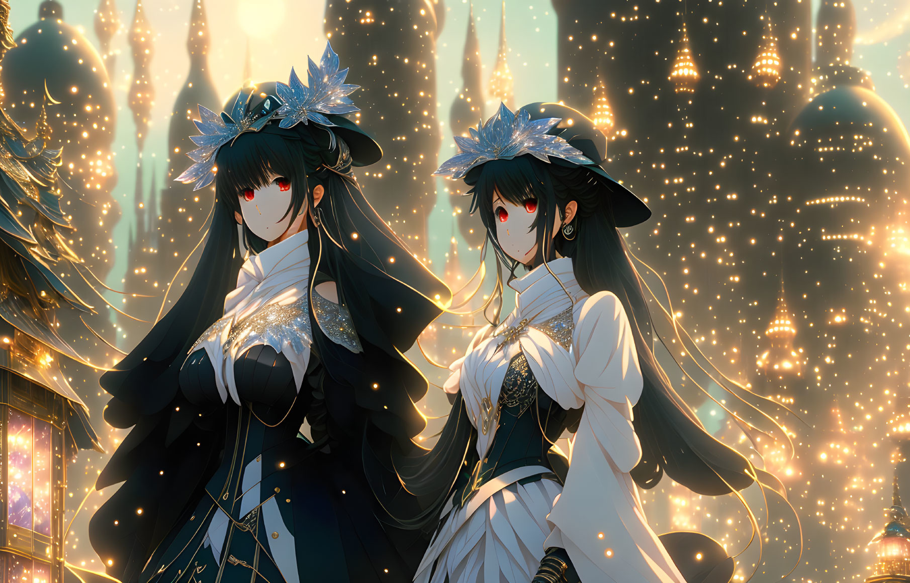 Two animated characters in intricate dresses and crowns before a glowing fantasy cityscape.