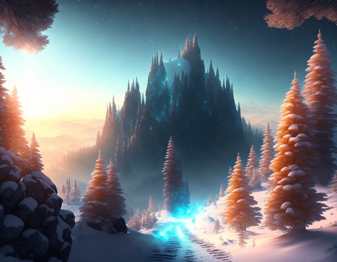 Snow-covered trees, blue stream, mountain, two moons: Mystical Winter Landscape