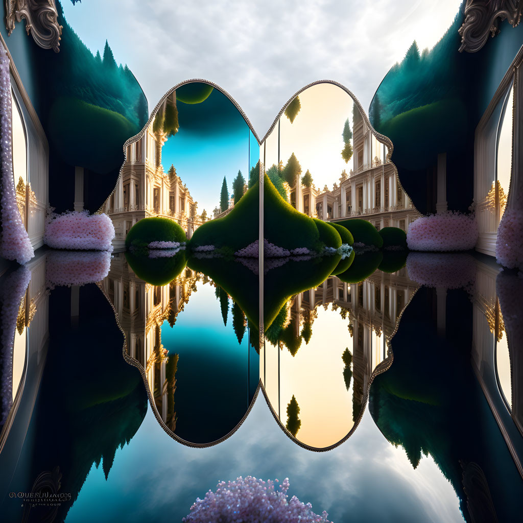 Symmetrical surreal landscape with classical buildings, green hills, pink trees, and tranquil water.