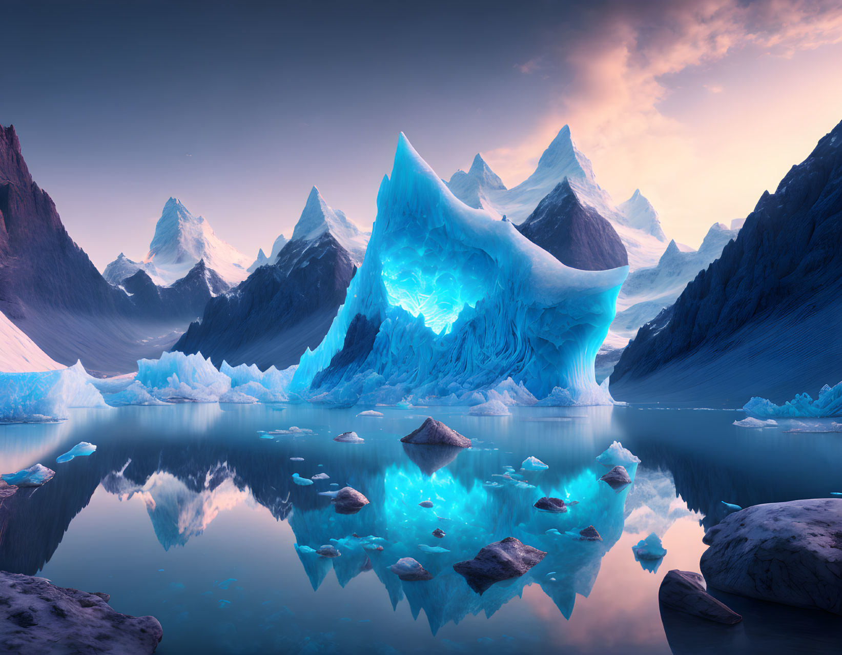 Tranquil glacial landscape with turquoise ice formation and mountain backdrop