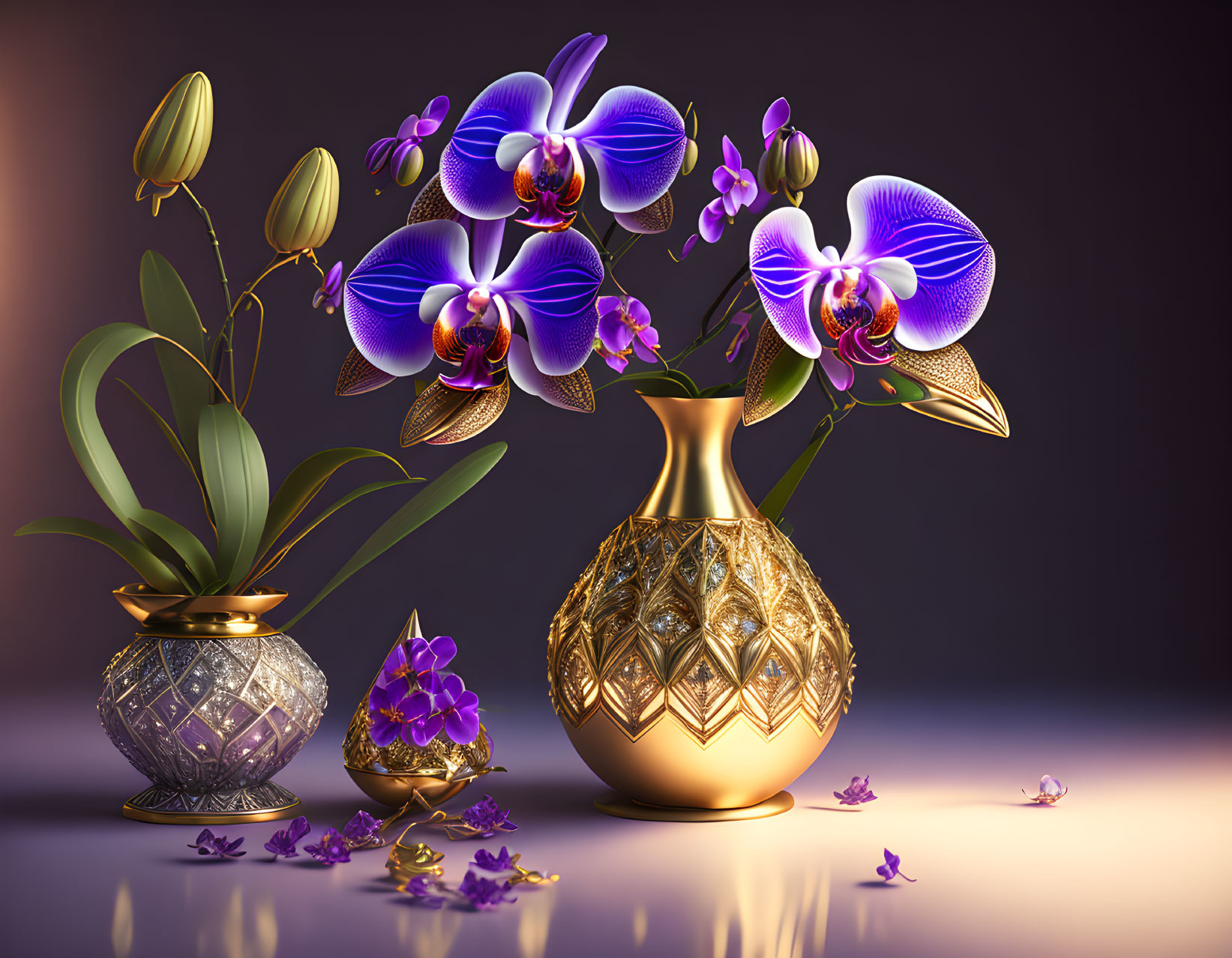 Purple Orchids in Golden Vase with Decorative Pot and Petals on Reflective Surface