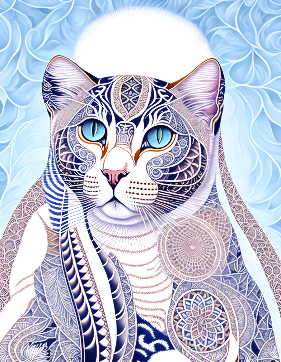 Colorful Cat Illustration with Mandala Patterns on Swirly Blue Background