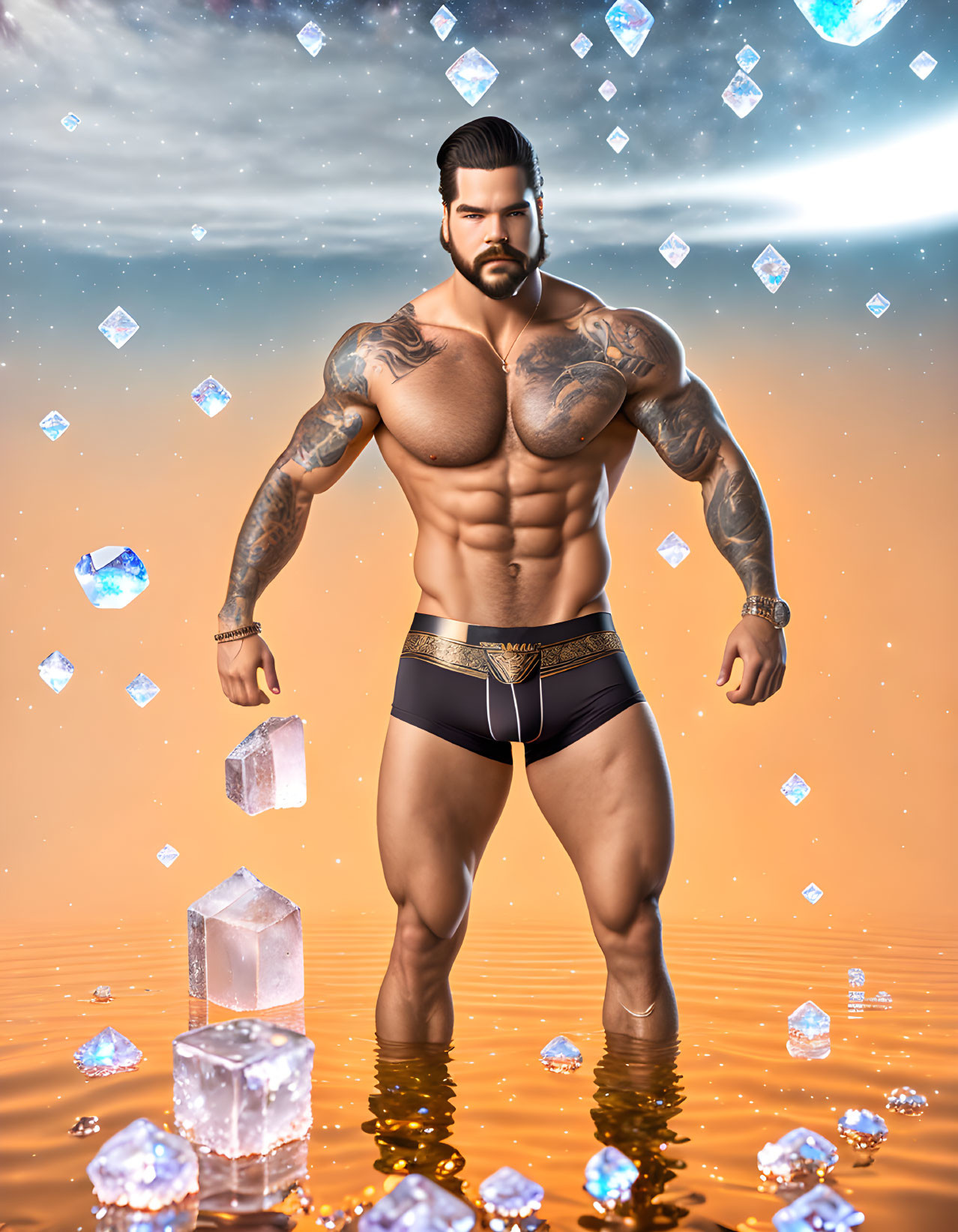 Muscular tattooed man in water with floating crystals and planet on orange backdrop