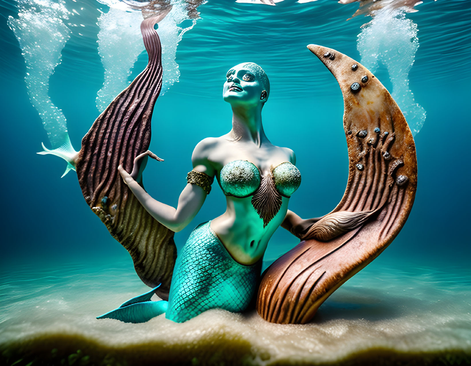 Green-skinned mermaid with teal tail on sandy ocean floor with water ripples.