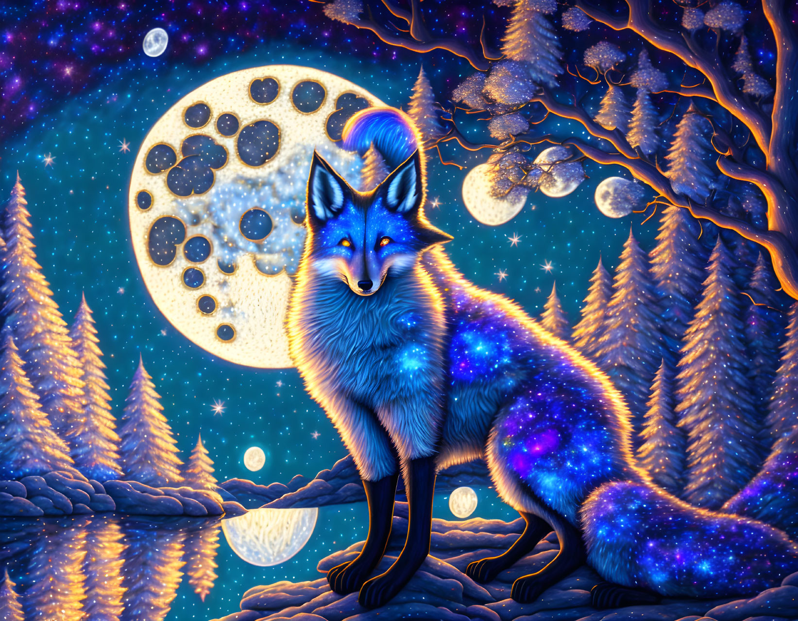 Celestial fox with starry fur in mystical forest under detailed moon