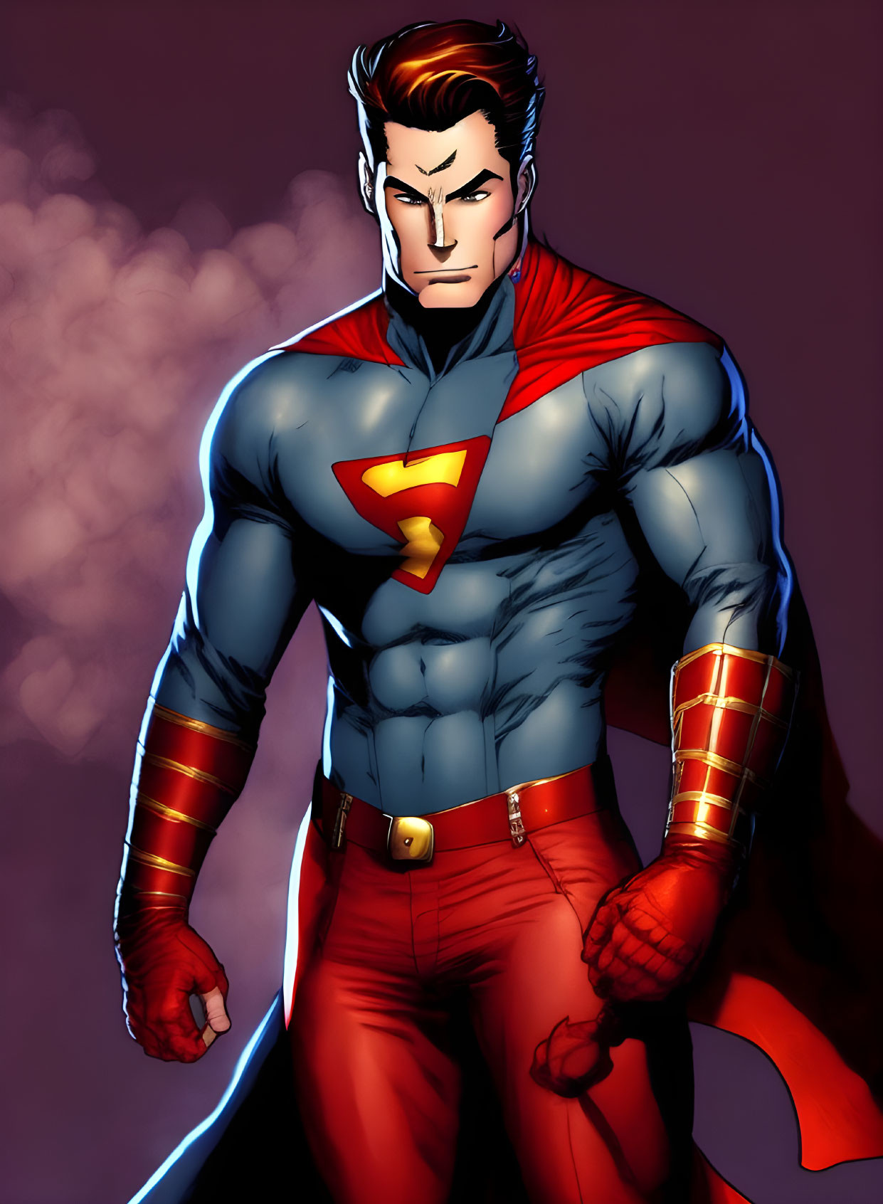 Muscular superhero with red cape and 'S' emblem on blue suit on purple background