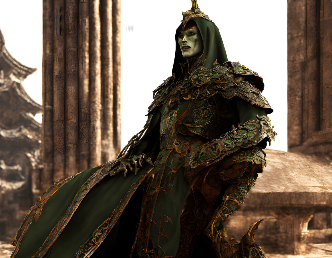 Fantasy character in green and golden armor against ancient columns