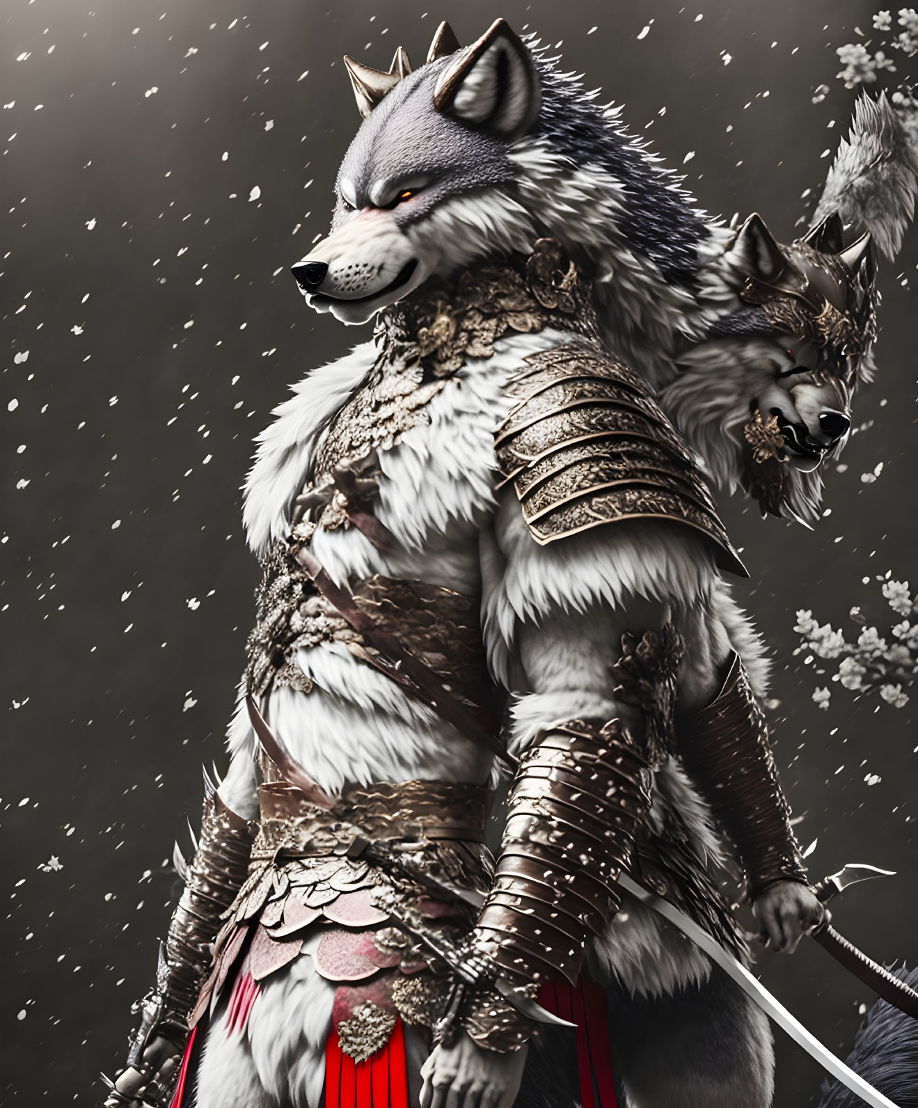 Anthropomorphic wolf warrior in detailed armor with sword amidst falling white petals