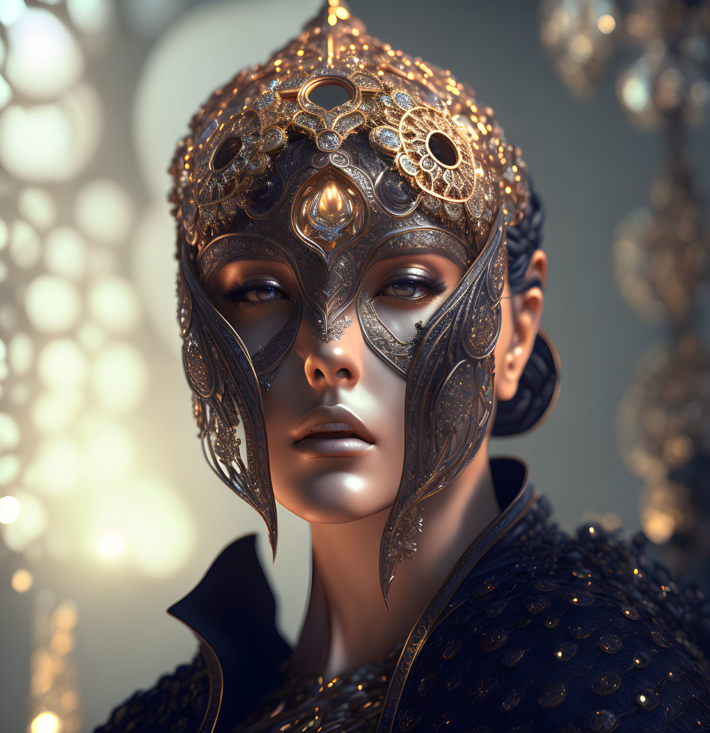 Detailed Golden Mask Worn by Person in Soft Bokeh Light