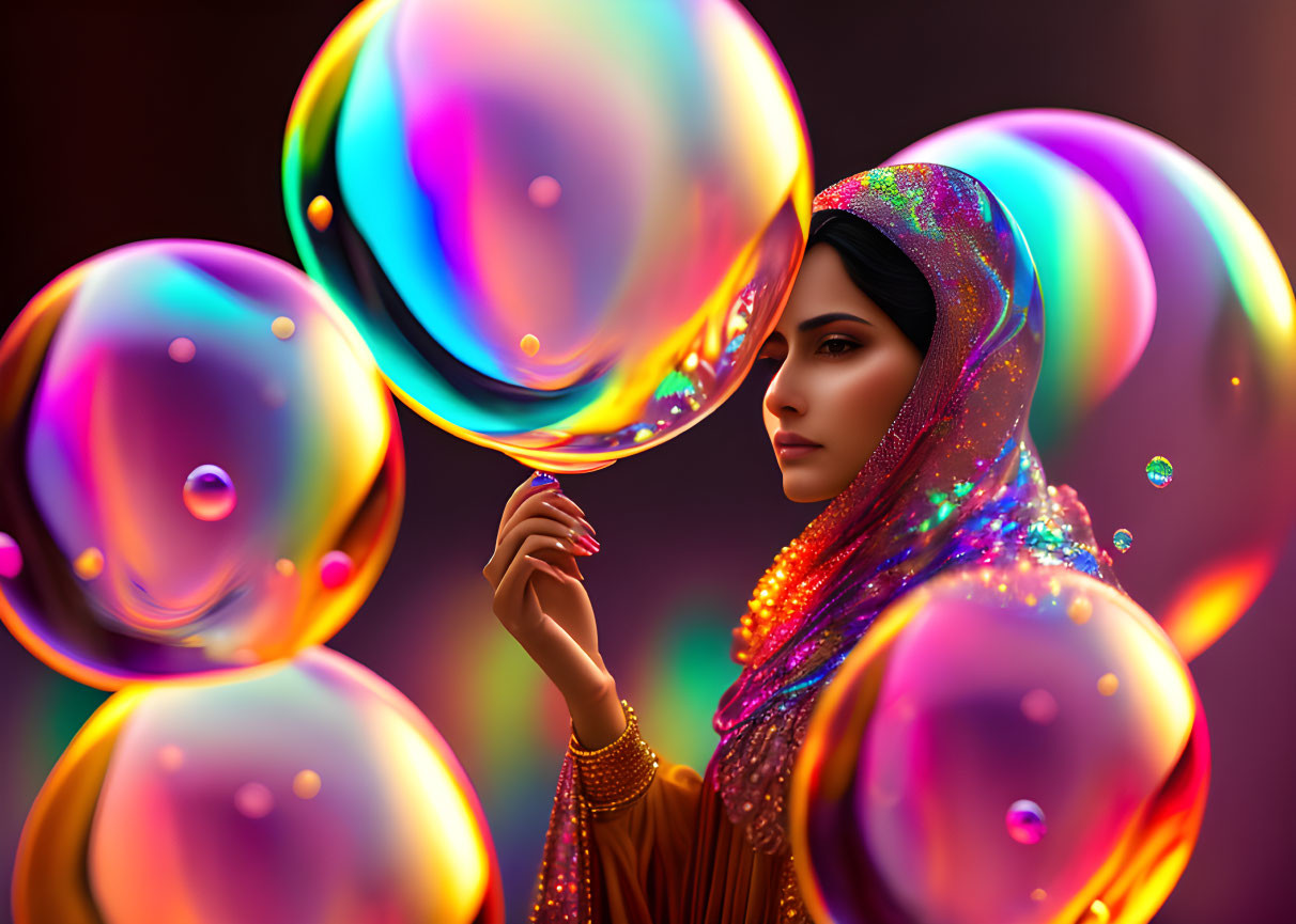 Woman in Glittering Hijab Watching Iridescent Bubbles on Colorful Background