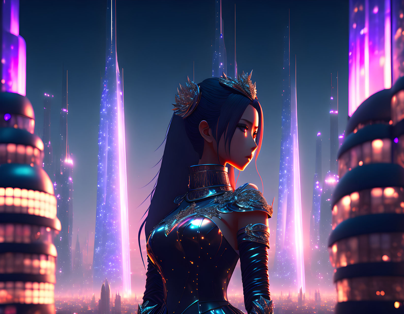 Futuristic digital artwork of woman with elaborate headdress overlooking neon-lit cityscape