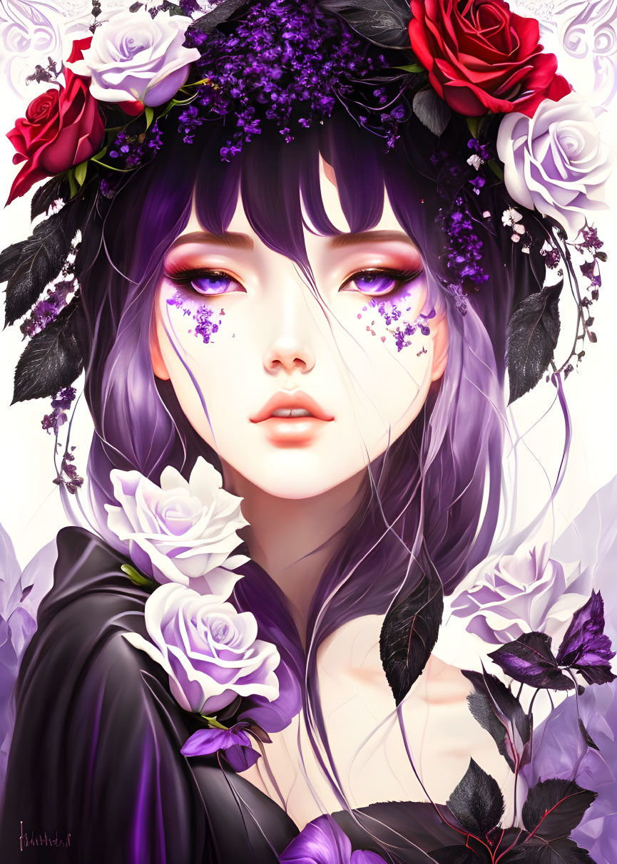 Purple-haired woman with floral crown and violet eyes in detailed illustration