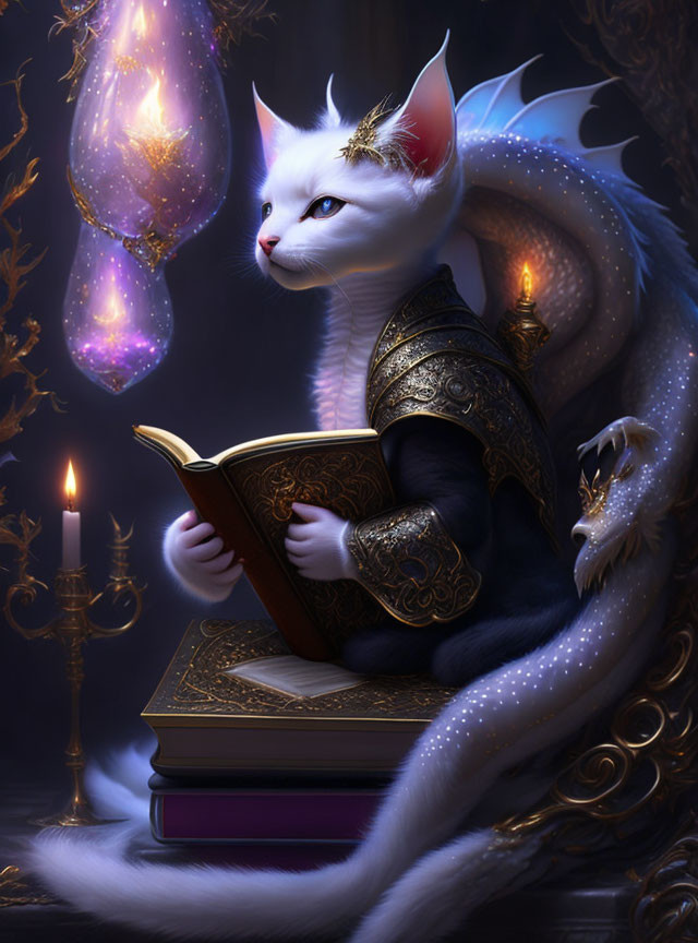 White Cat in Armor Reading Book Surrounded by Candles