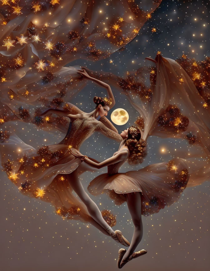 Graceful dancers in sparkling dresses against starry backdrop