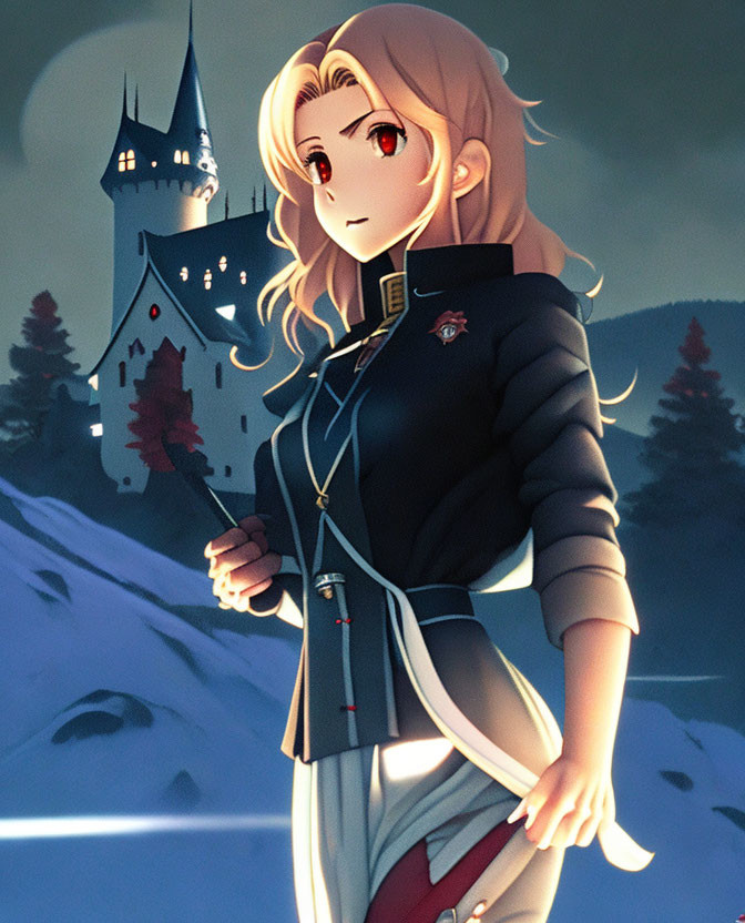 Blond-Haired Anime Female in Military Uniform with Castle Background