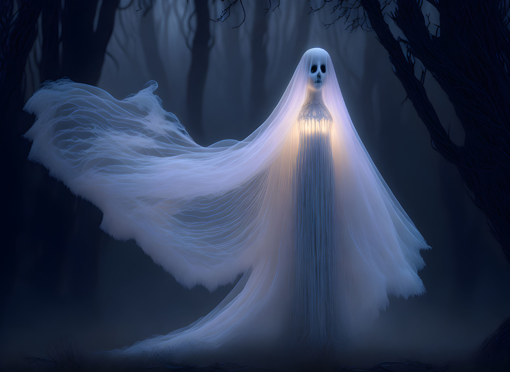 Ethereal figure with flowing cape in misty twilight forest
