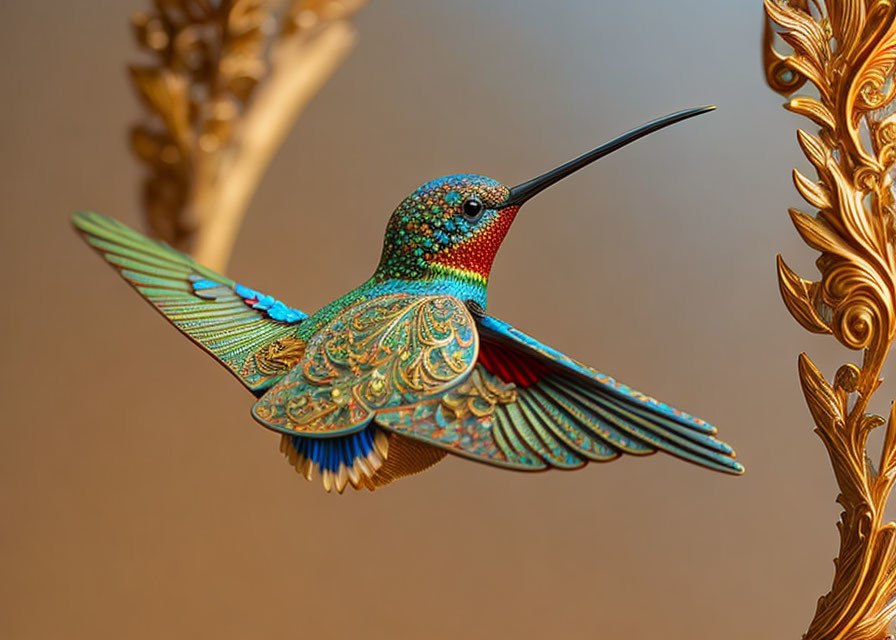 Colorful Hummingbird with Golden Patterns in Flight Against Warm Background