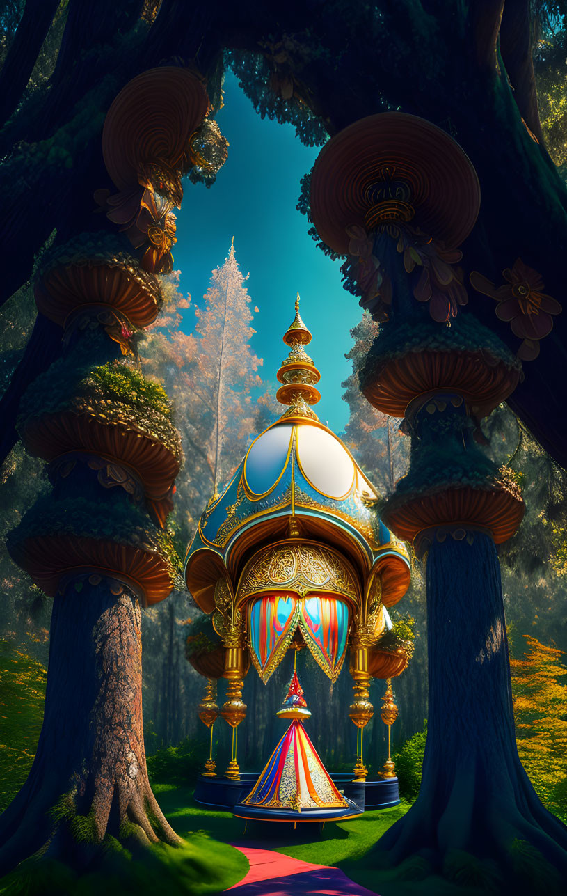 Colorful Pointed Dome Structure in Forest with Mushroom-like Trees