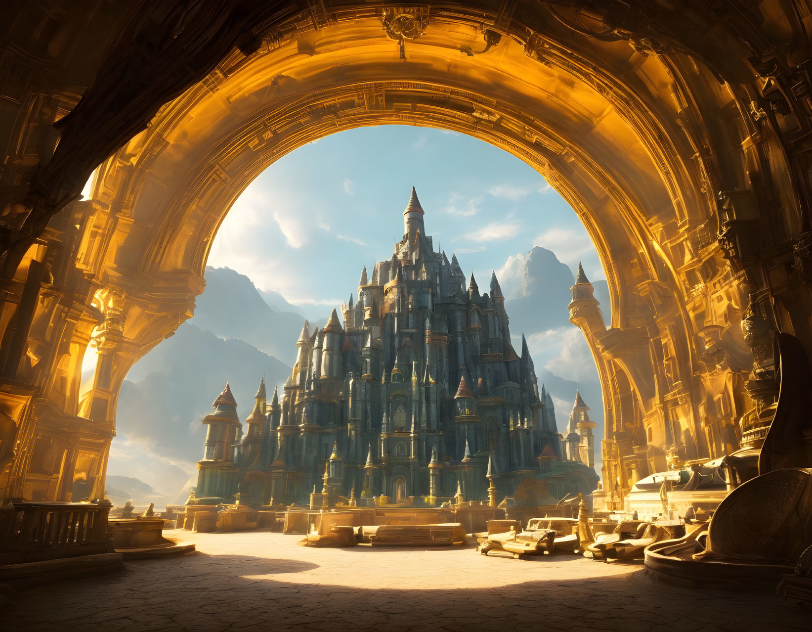 Majestic fantasy castle under warm sunlight through ornate arch