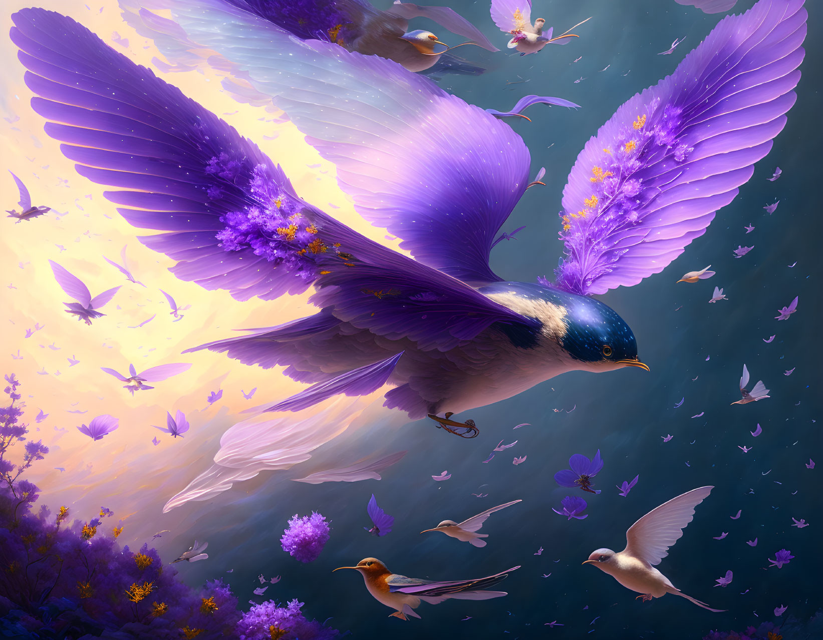 Colorful digital artwork: Purple-winged bird in flight with butterflies on floral backdrop