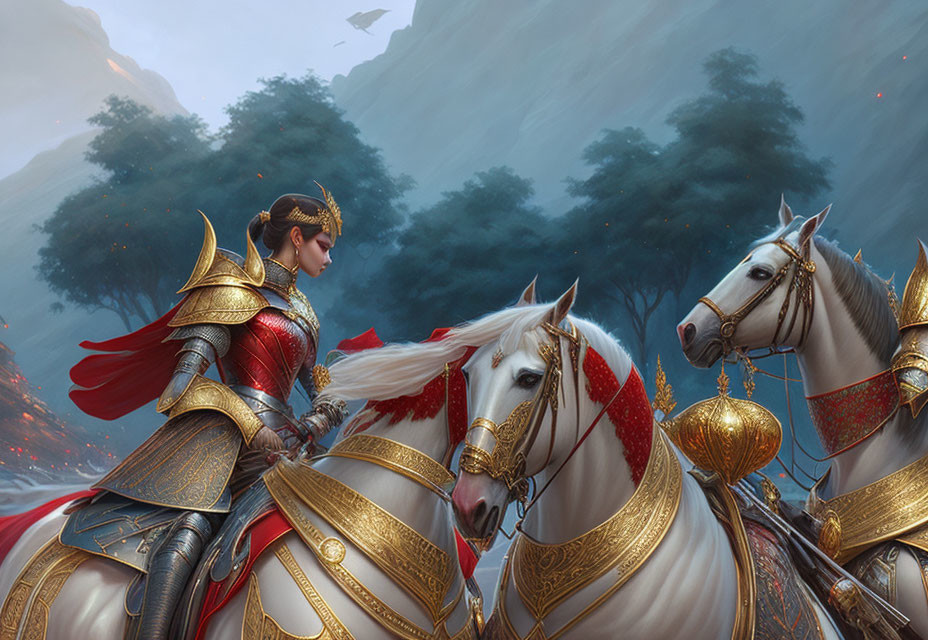 Female warrior in red and gold armor on white horse in forest scene