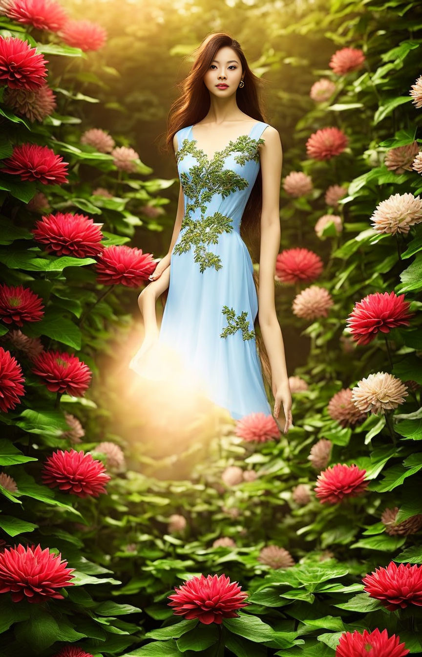 Woman in Blue Dress Surrounded by Pink Flowers and Sunlight