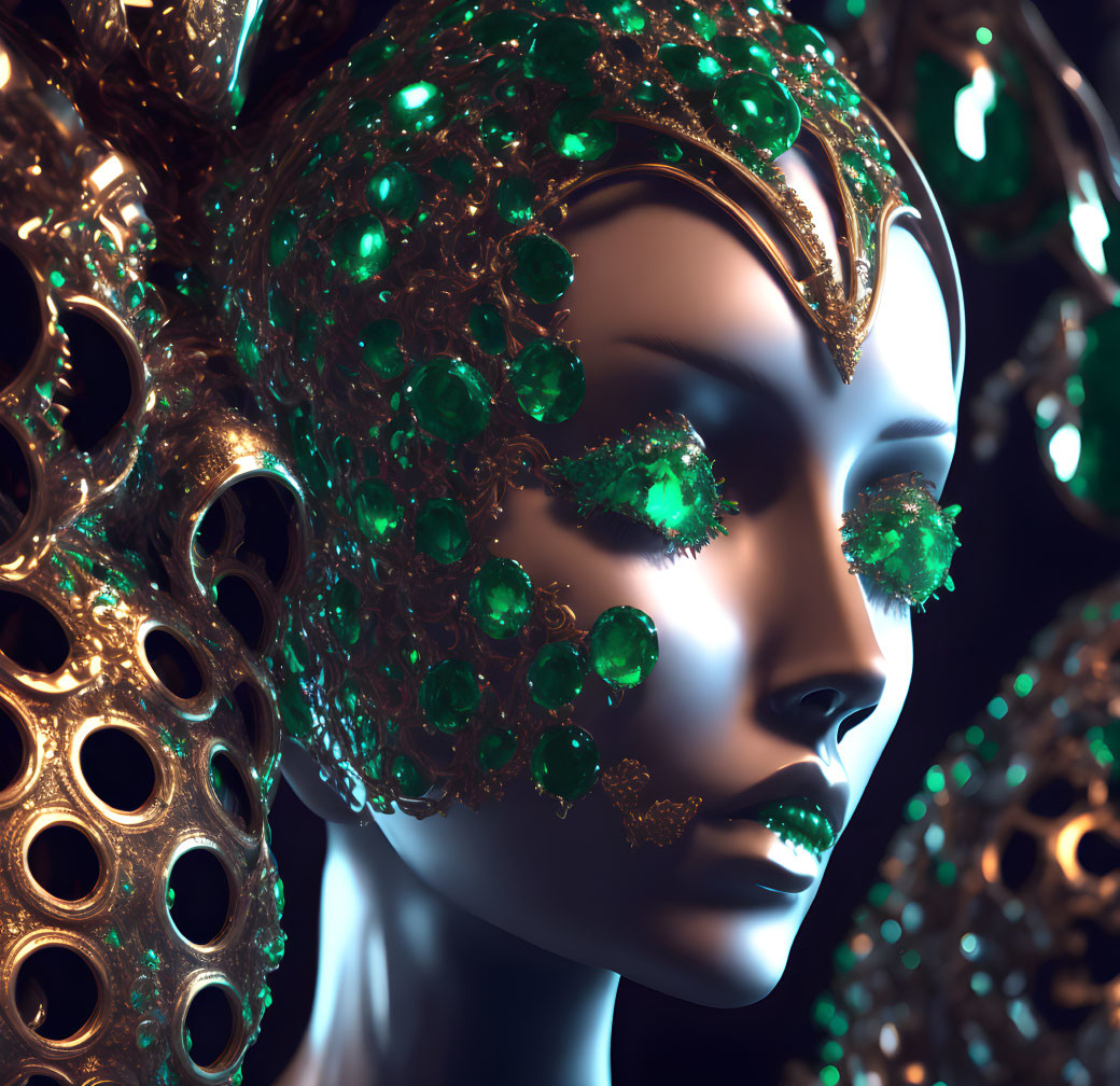 Detailed 3D Rendering: Golden Masked Figure with Emerald Crystals