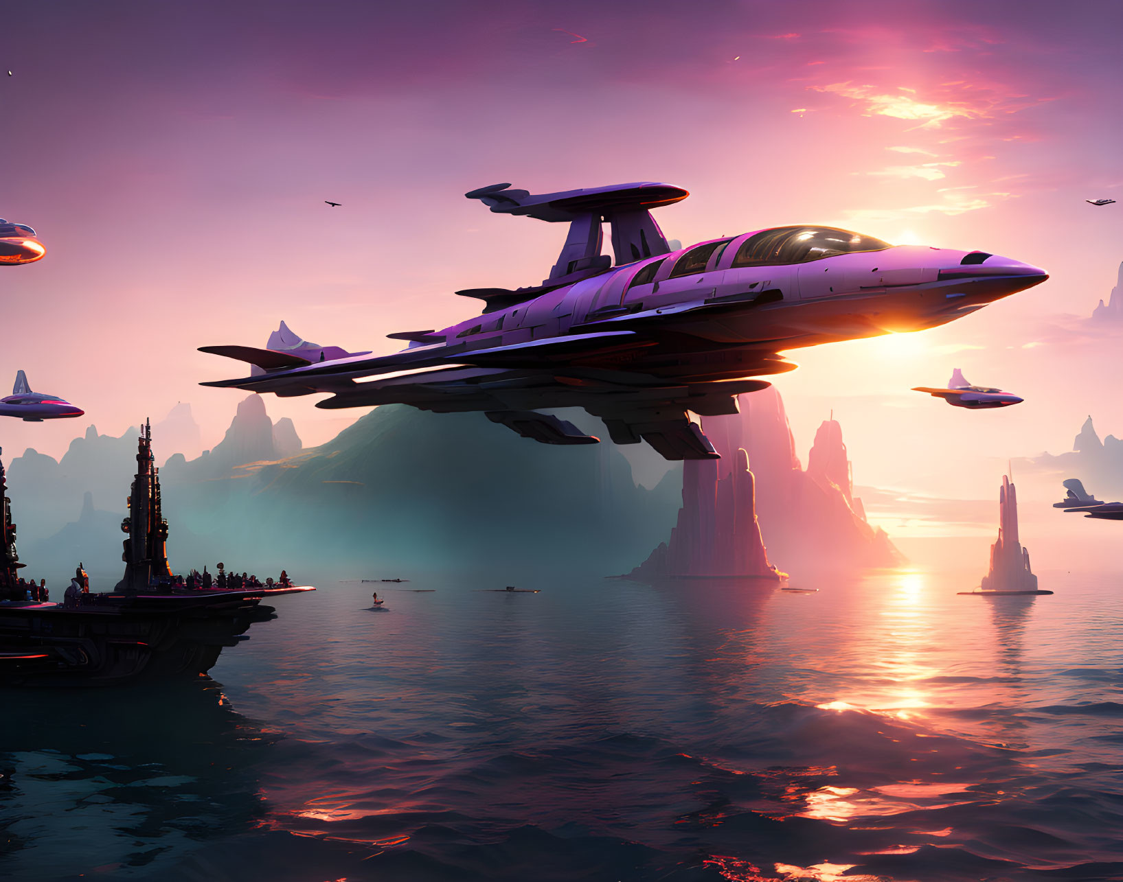 Futuristic cityscape at sunset with towering spires and flying ships