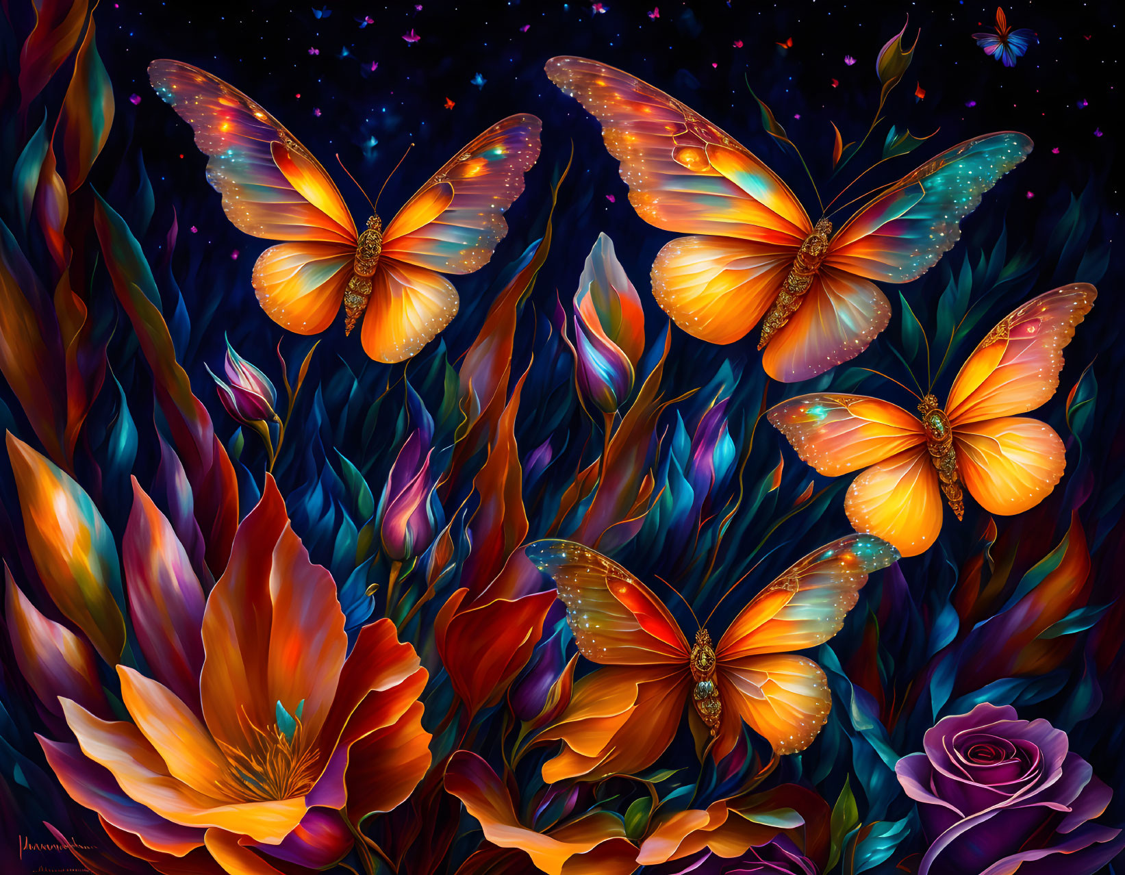 Colorful digital art of iridescent butterflies fluttering over stylized flowers and leaves on a star