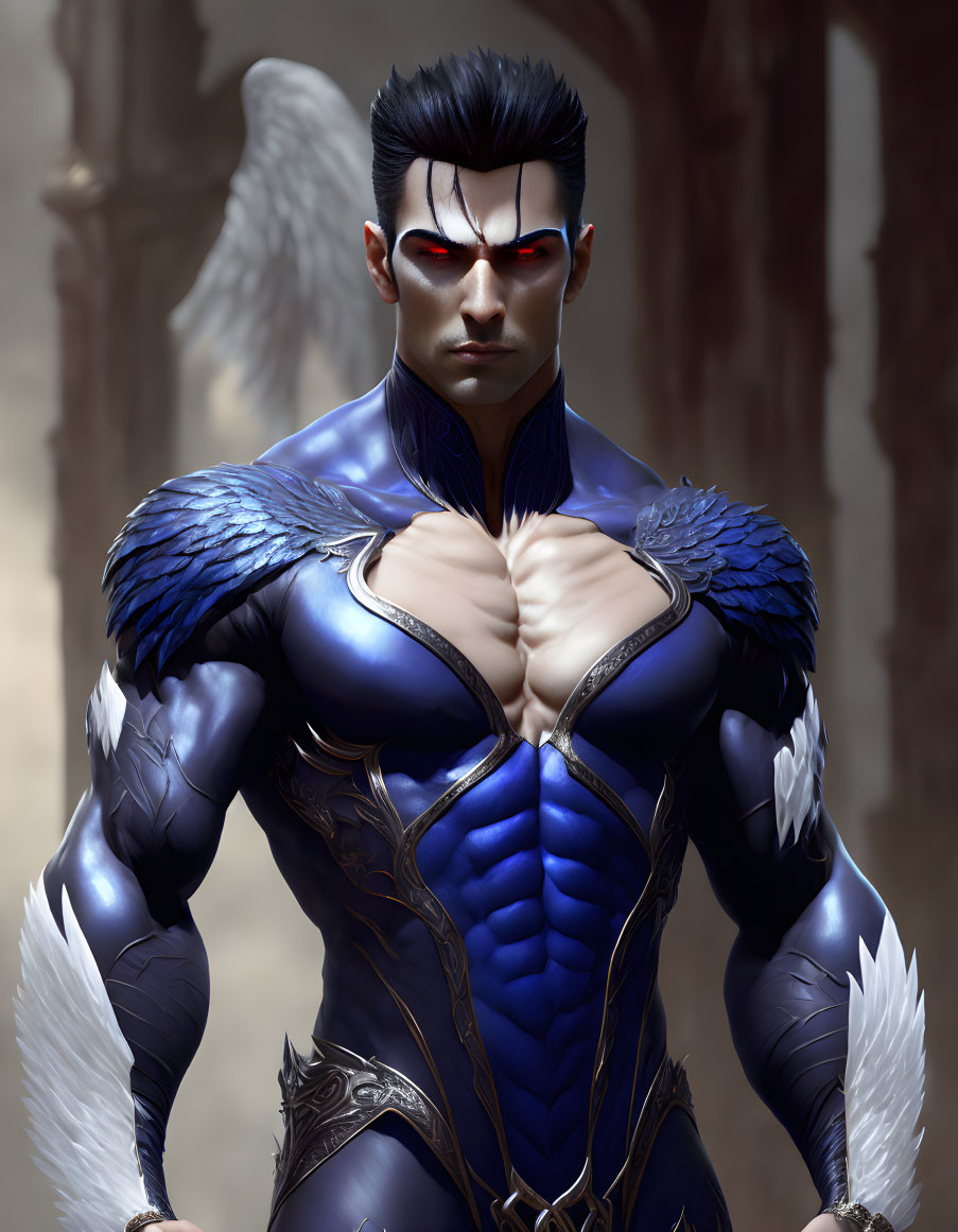 Male Figure with Red Eyes in Blue Armor Suit and Feathered Wings