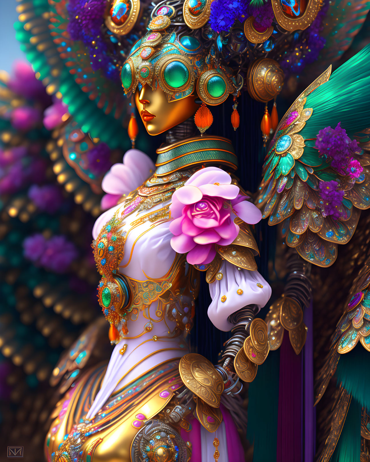 Character illustration with peacock-inspired elements and ornate accessories