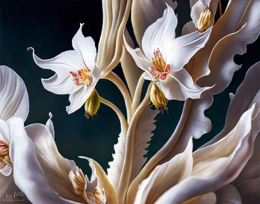 Detailed Hyperrealistic Painting of White Orchids on Dark Background