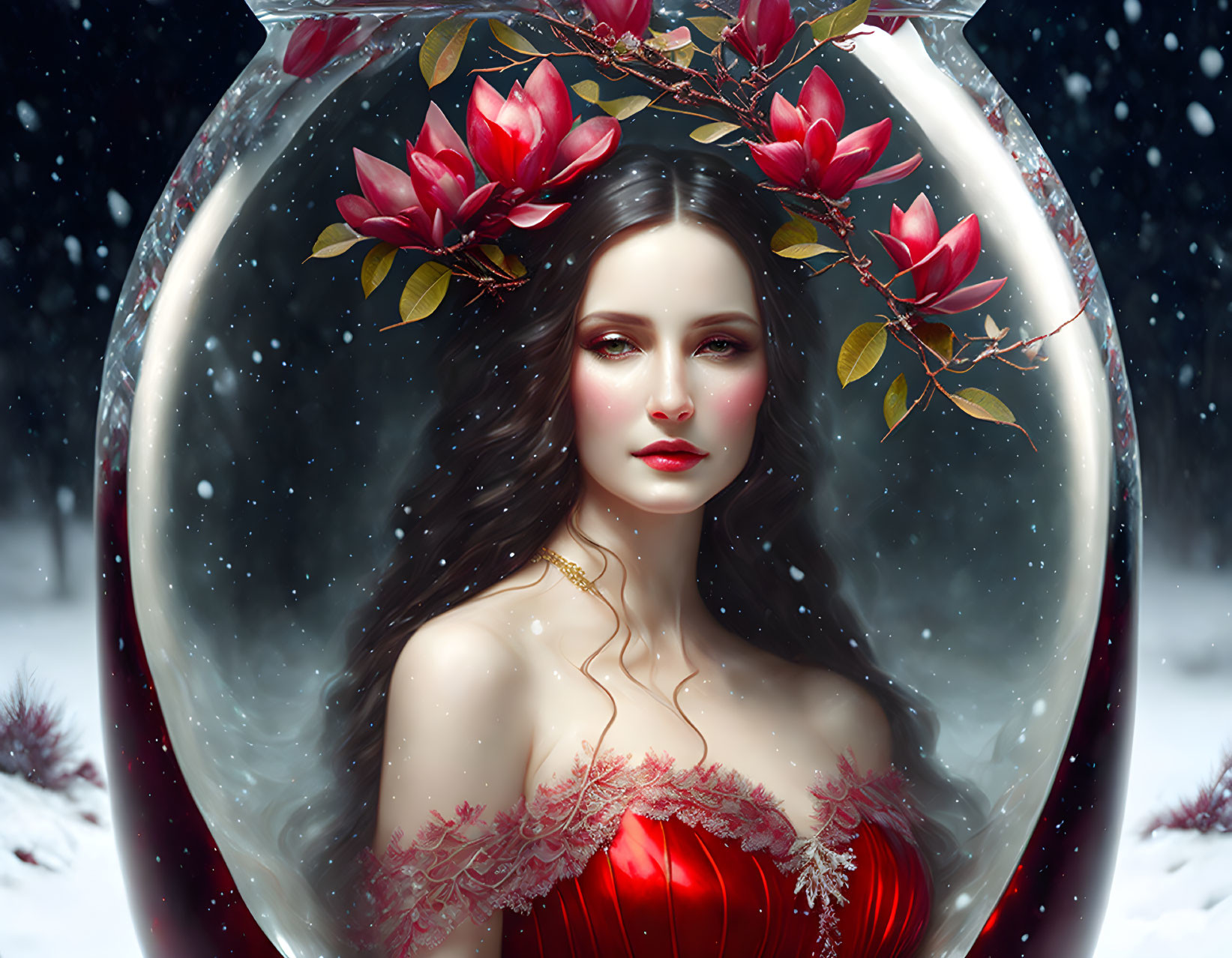 Digital artwork featuring woman with dark hair in snow globe with red flowers and falling snowflakes