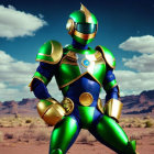 Green and Gold Armored Superhero in Desert Landscape