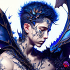 Fantastical image: Person with blue spiky hair, butterfly adornments, dragon-like wings