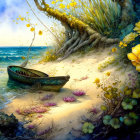 Tranquil beach scene with boat, tree, flowers, and ocean