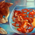 Colorful Mermaid Artwork in Glass with Orange Hair and Fish in Blue Background