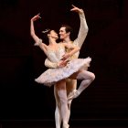 Young girl in pink ballet outfit and flowers in hair posing gracefully