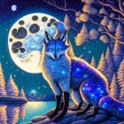 Celestial fox with starry fur in mystical forest under detailed moon