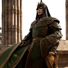 Fantasy character in green and golden armor against ancient columns