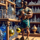 Muscular bearded man in ornate green clothing among shelves of glass objects with green gemstone.