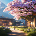 Person walking towards traditional buildings in serene nature scene