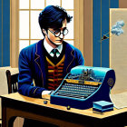 Illustration of young man with glasses typing on vintage typewriter with steam train, window backdrop