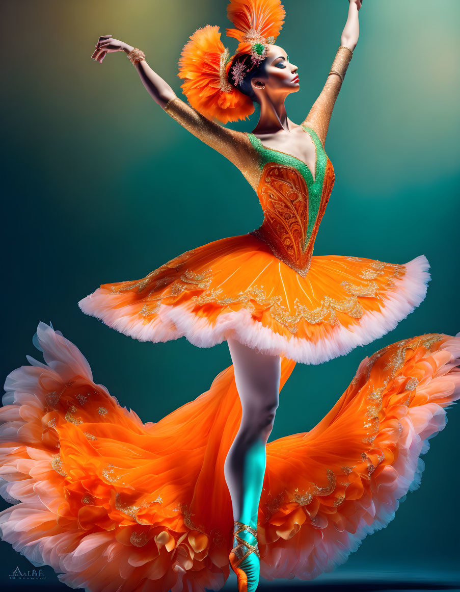 Vibrant Orange Ballet Dancer in Feathered Headpiece Pose