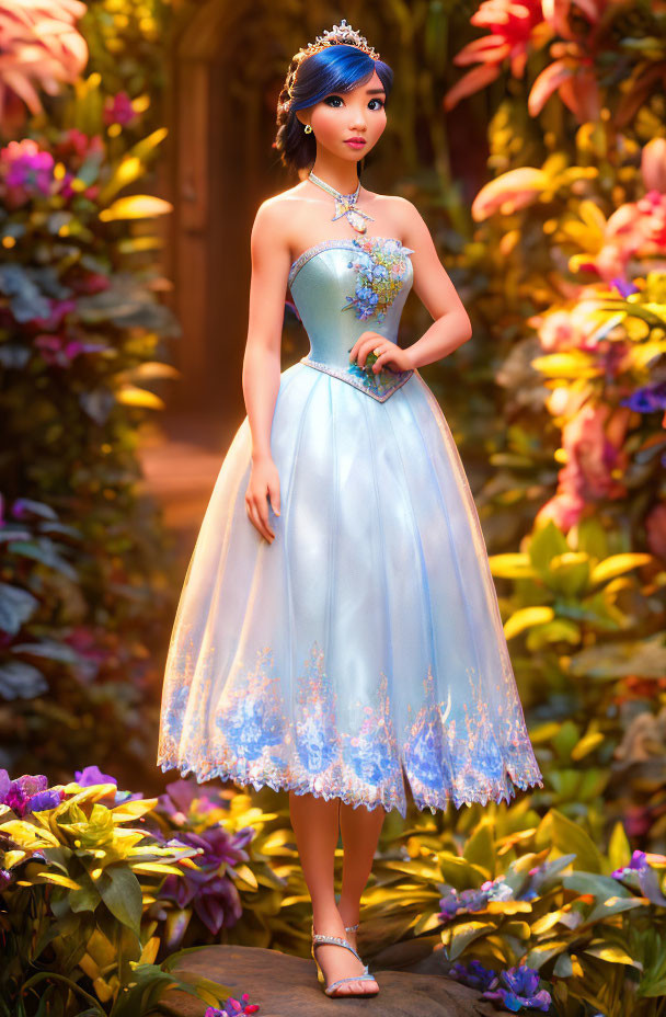 Animated princess in blue tiara and gown surrounded by vibrant flowers