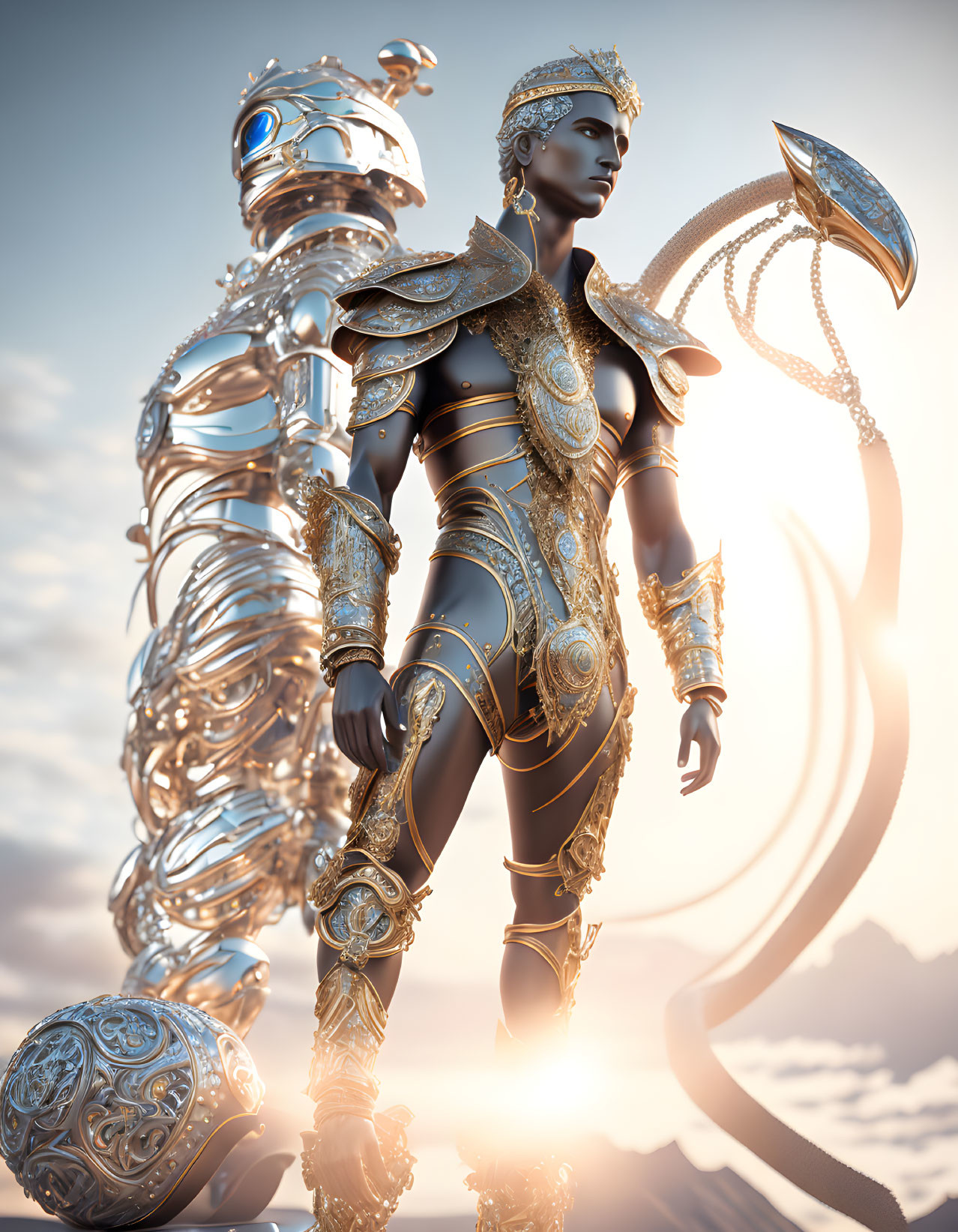 Futuristic warrior in golden armor against mountainous sky