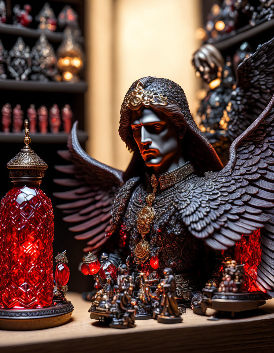 Dark-toned winged figurine with crown among chess pieces and lantern on blurred backdrop