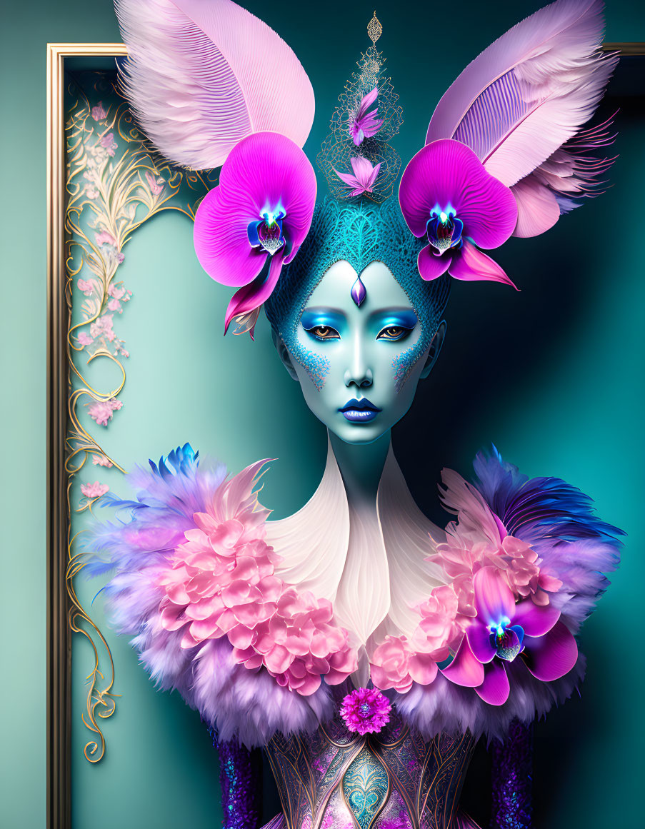 Artistic portrait of figure with blue skin, exotic makeup, orchids, feathers, and elaborate attire